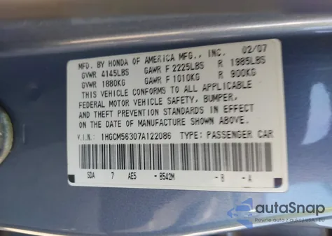 2007 Honda Accord 2.4 Se из США, поврежденный, VIN 1HGCM56307A122086